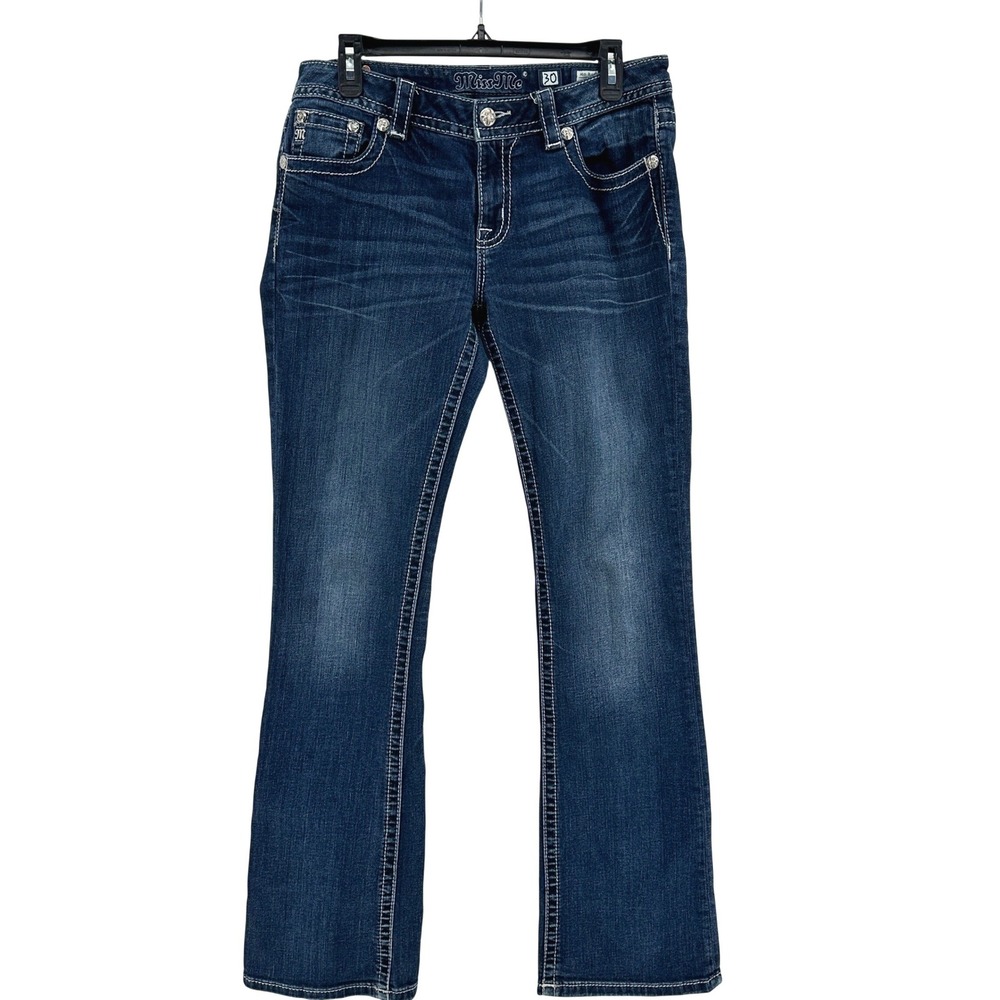Miss Me Bootcut Jeans Women 30 Blue Dark Wash Embellished Mid Rise Y2K MP8774B - Picture 3 of 12